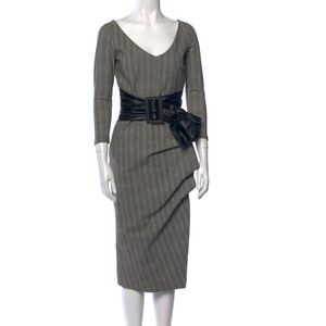 Chiara Boni La Petite Robe V-Neck 3/4-Sleeve Belted Herringbone Dress - Size 2